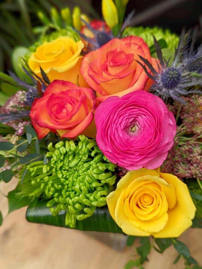 The Watering Can | Close up image of the hot pink ranunculus, green mum, yellow and orange ombre roses in a hand-tied bouquet.