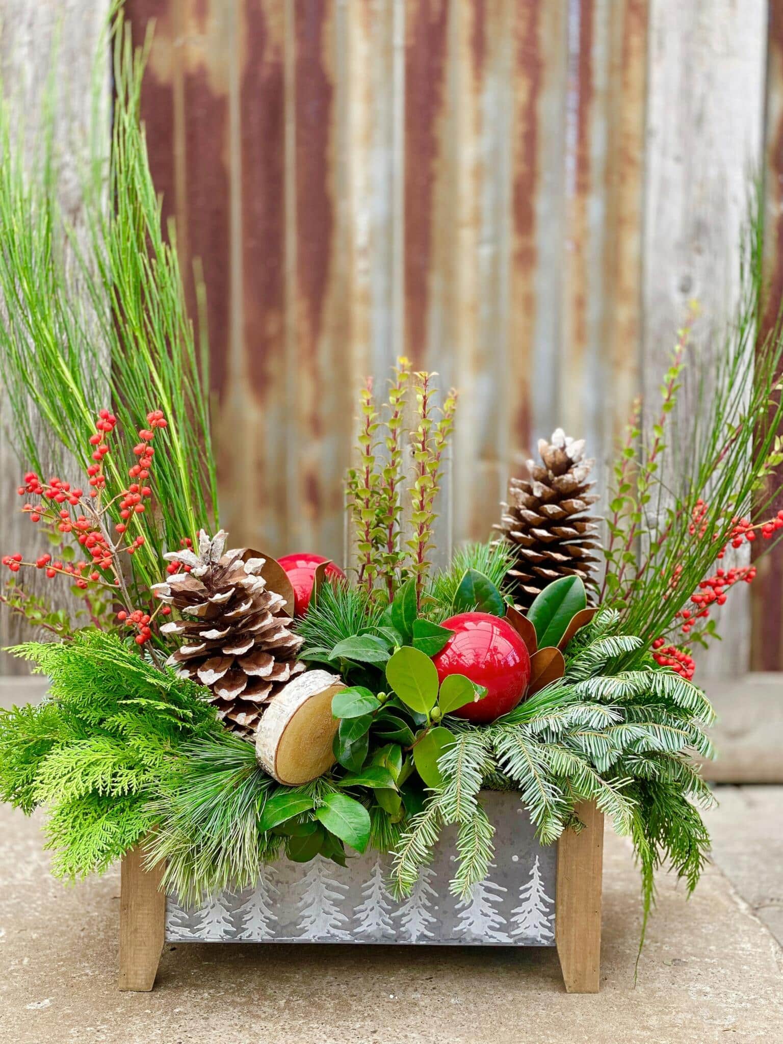 The Watering Can | A large festive arrangement with red berries, red balls, and natural birch and pine cones amongst the winter greens in a rectangular tin continer with a white tree design and wooden legs.
